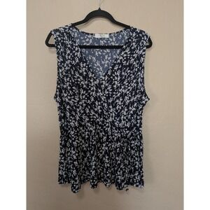 Beacon Apparel Navy Floral Sleeveless V Neck Peplum Faux Wrap Top Sz XL